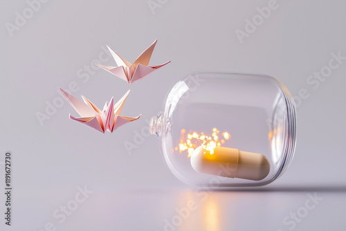 Origami birds flying near glowing pill inside glass jar symbolizing the power of medicine. The transformative power of healing, hope, and mental health recovery. 