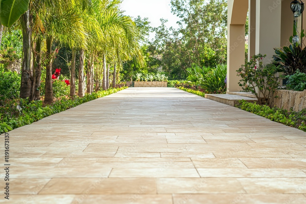 Fototapeta premium Stone path, tropical landscaping, building facade.