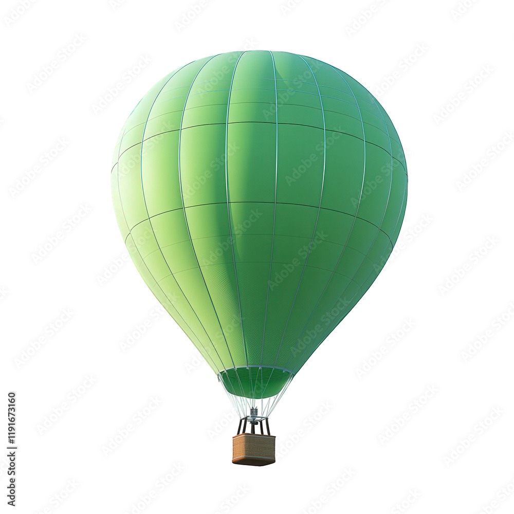 Obraz premium a vibrant green hot air balloon with a wicker basket. floating against a white background the balloon's smooth surface and rounded shape suggest a leisurely adventure. evoking feelings of freedom and