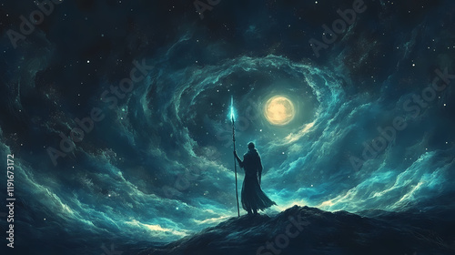 A mystic sorcerer wields a magic spear at night to conjure swirling sky seas - epic fantasy art. Moonspire. Illustration
