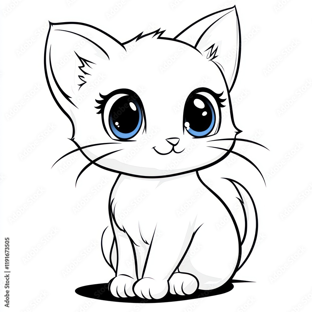 Cute white kitten cartoon, sitting, isolated, white background, children's book illustration Cute white kitten cartoon, sitting, isolated, white background, children's book illustration