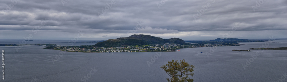 Coastline Fjord views from Alesund, Norway from hiking trail above the city, travel scenery Scandinavia Europe Coastline Fjord views from Alesund, Norway from hiking trail above the city, travel scenery Scandinavia Europe