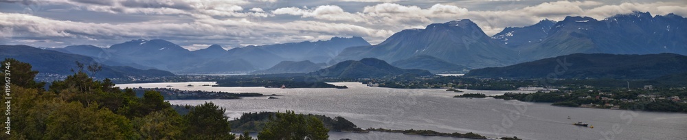 Coastline Fjord views from Alesund, Norway from hiking trail above the city, travel scenery Scandinavia Europe Coastline Fjord views from Alesund, Norway from hiking trail above the city, travel scenery Scandinavia Europe