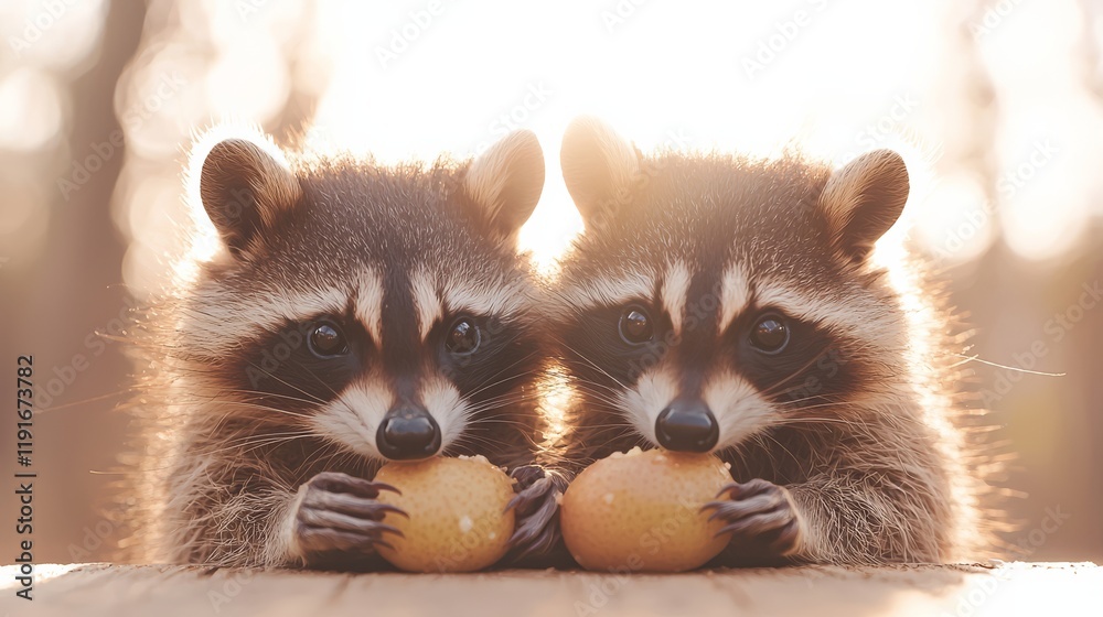 Obraz premium Raccoons sharing fruit, with a wooden deck and soft morning light.