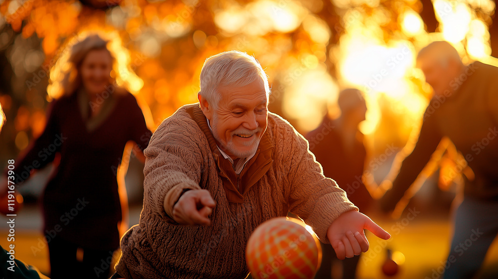 Fototapeta premium Bocce Ball Game Among Seniors in Park Under Golden Sunshine