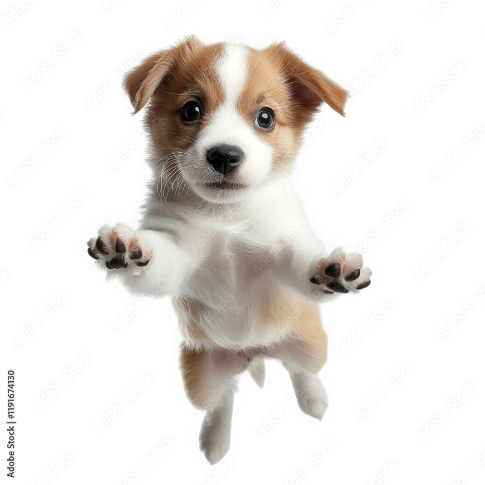 a playful puppy appears to leap towards the viewer. showcasing its adorable features and fluffy fur against a clean white background essence of joy and curiosity often associated with young dogs. mak a playful puppy appears to leap towards the viewer. showcasing its adorable features and fluffy fur against a clean white background essence of joy and curiosity often associated with young dogs. mak