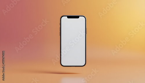 Floating smartphone with blank screen on gradient background.