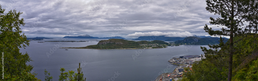 Coastline Fjord views from Alesund, Norway from hiking trail above the city, travel scenery Scandinavia Europe Coastline Fjord views from Alesund, Norway from hiking trail above the city, travel scenery Scandinavia Europe