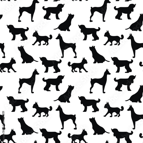 Vector seamless repeating childish pattern with cute dogs, cats in Scandinavian style. Animals background with dog, cat, pets, puppy for invitation, poster, card, flyer, textile, fabric.