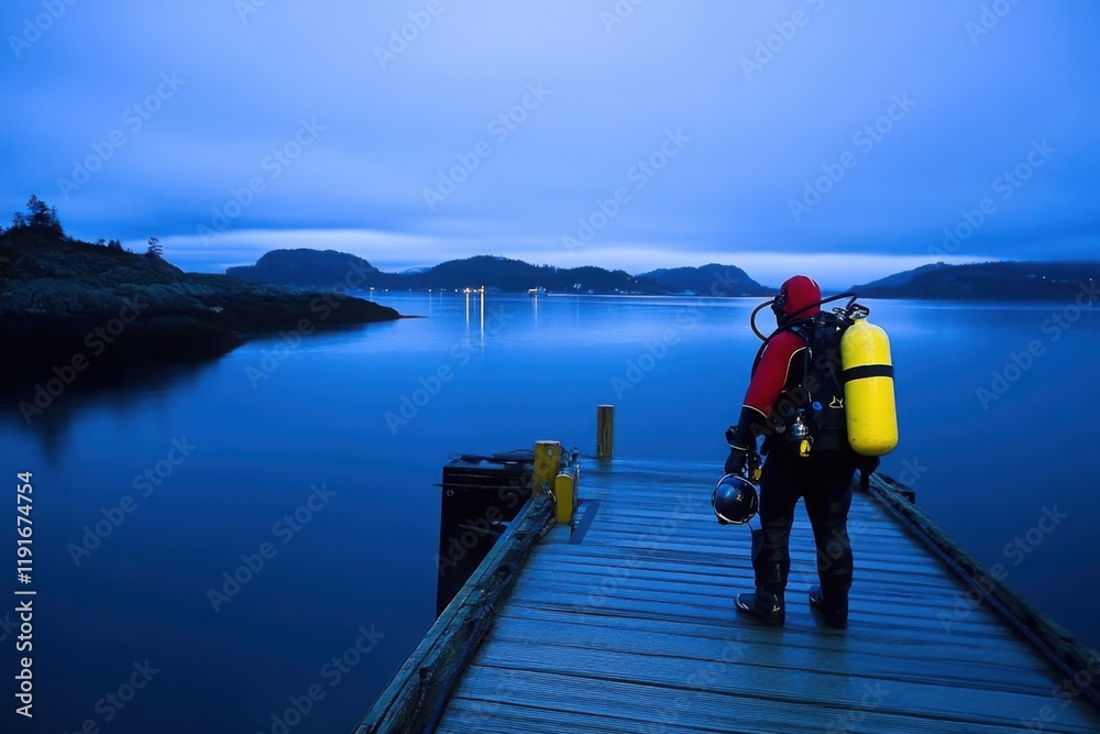 Diver on a wooden pier, preparing for a night dive in tranquil waters surrounded by mountains and soft clouds under a blue twilight sky Diver on a wooden pier, preparing for a night dive in tranquil waters surrounded by mountains and soft clouds under a blue twilight sky
