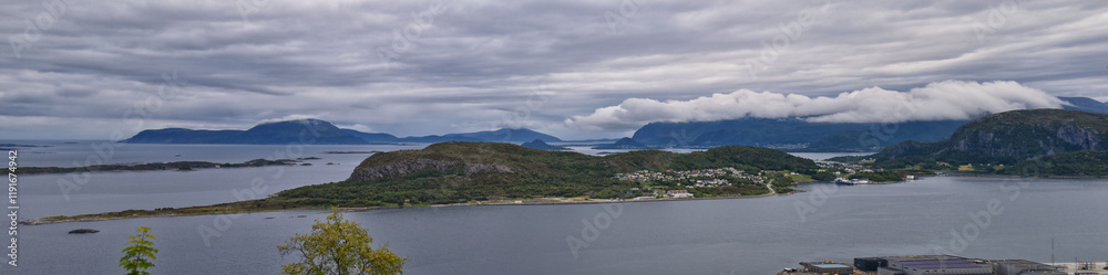 Coastline Fjord views from Alesund, Norway from hiking trail above the city, travel scenery Scandinavia Europe Coastline Fjord views from Alesund, Norway from hiking trail above the city, travel scenery Scandinavia Europe