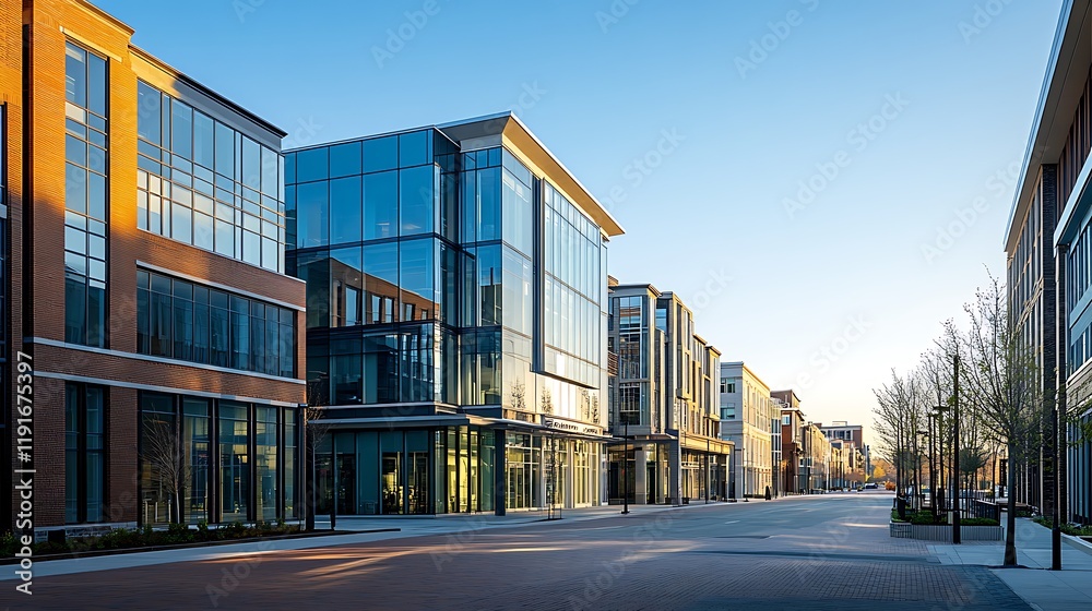 Obraz premium Modern Cityscape Buildings Sunrise Street Scene
