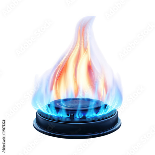 a gas stove burner with vibrant blue and orange flames. symbolizing cooking and energy the flames are stylized. showcasing the heat and intensity associated with gas cooking this visual emphasizes the photo