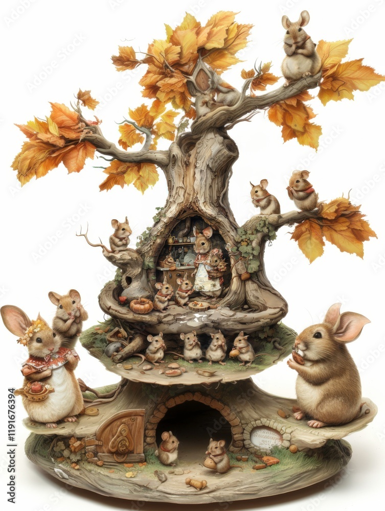 Charming Mouse in Apron with Little Mice Cooking in a Forest Hollow Kitchen, Children's Fairy Tale Illustration Charming Mouse in Apron with Little Mice Cooking in a Forest Hollow Kitchen, Children's Fairy Tale Illustration