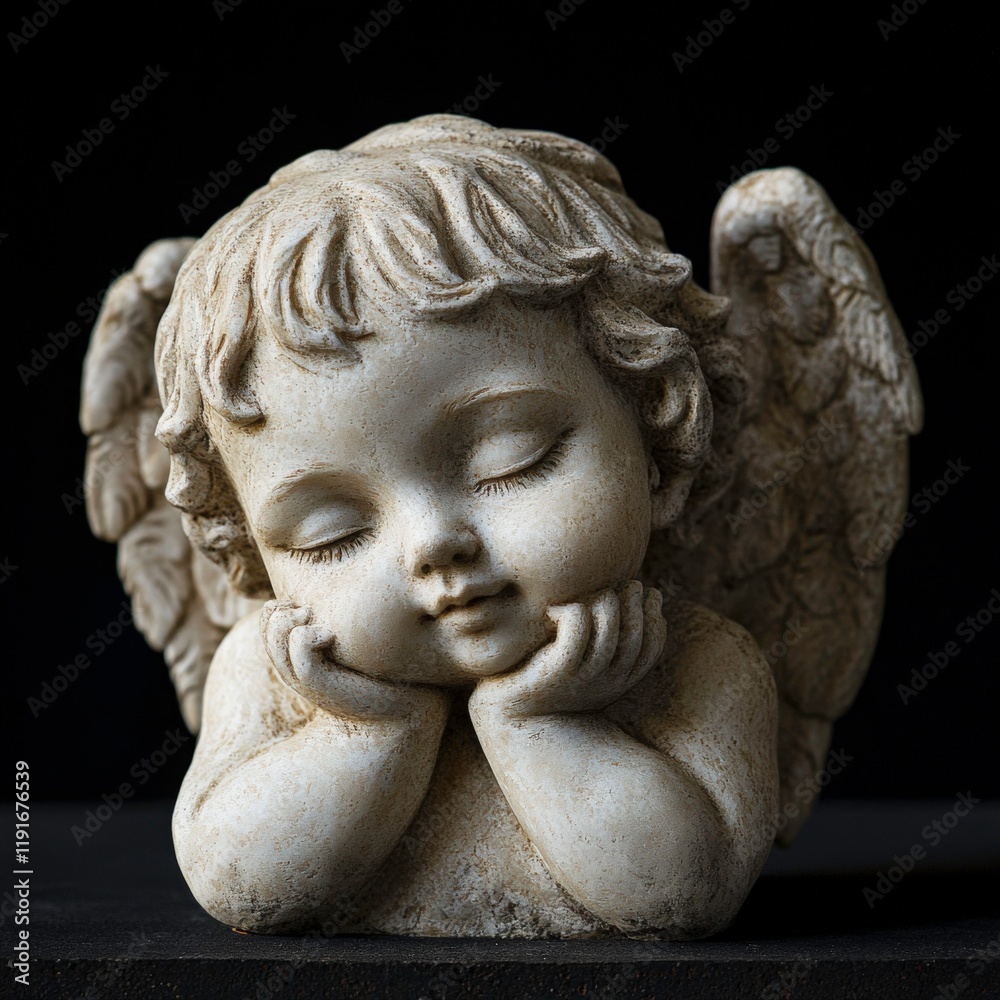 Sculpture of a Serene Angel with Closed Eyes and Flowing Hair, Exuding Tranquility Against a Black Background Sculpture of a Serene Angel with Closed Eyes and Flowing Hair, Exuding Tranquility Against a Black Background