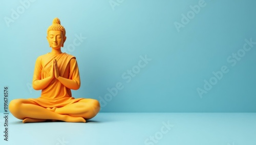 Rich saffron orange meditation symbol on left. Soft white background. Copy space for text, 3D render AI Generated Designer Element photo