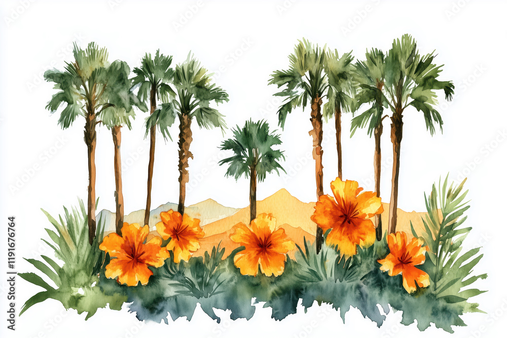 Obraz premium Watercolor illustration of tropical palm trees and vivid hibiscus flowers in desert landscape