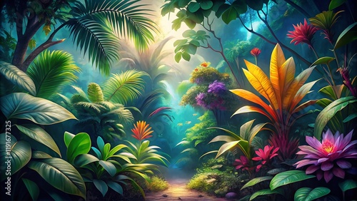 Surreal Vibrant Tropical Plants Digital Art - Lush Foliage, Left Composition, Copy Space photo