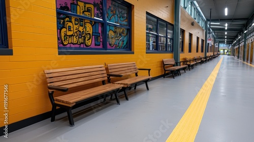 Wallpaper Mural Vibrant street art and benches urban corridor photography modern environment perspective community spirit Torontodigital.ca