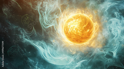 A magical spell conjuring a miniature sun, floating in the air, radiating powerful energy and surrounded by swirling mist and arcane symbols. Moonspire. Illustration photo