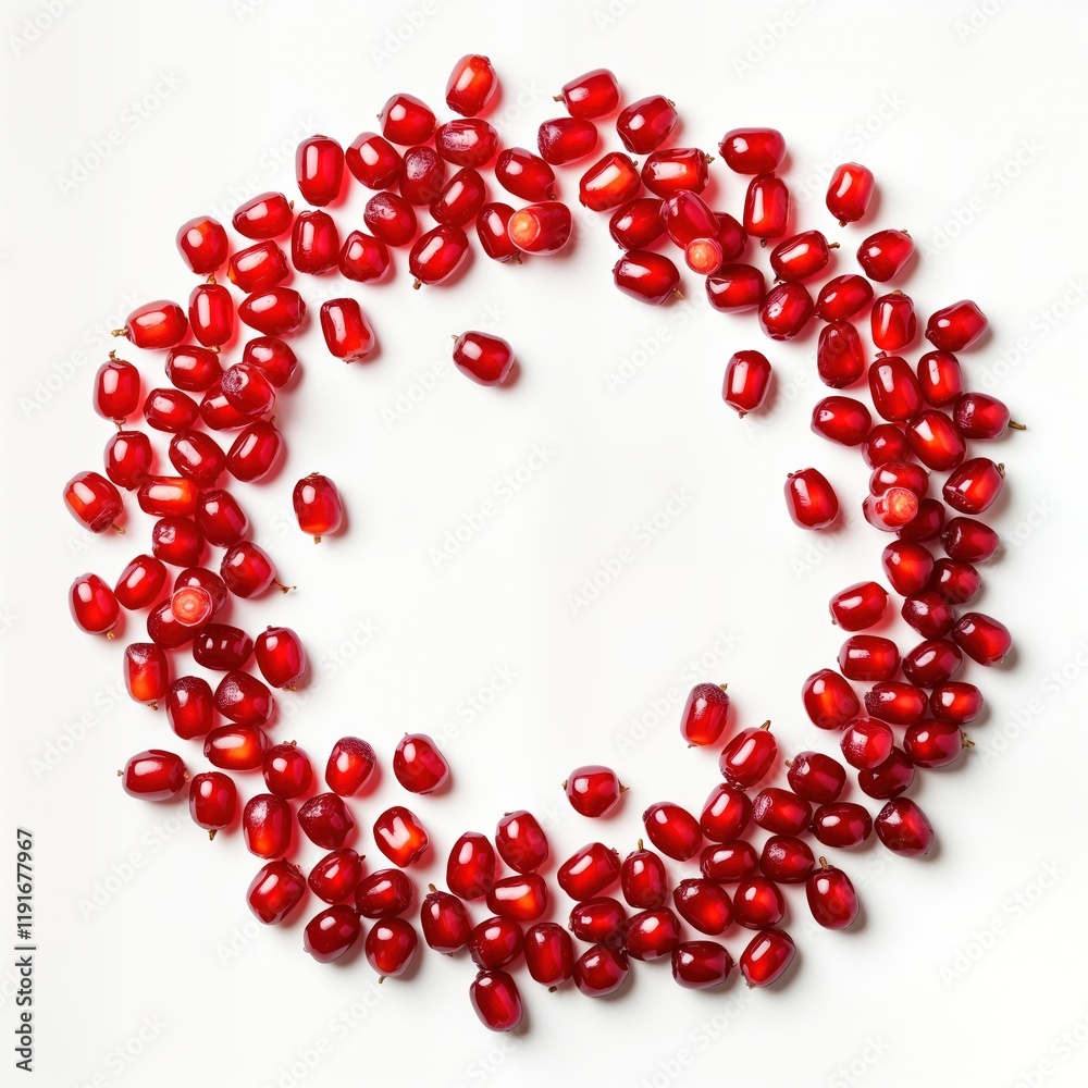Fresh ripe pomegranate seeds scattered in circle against white background. Top view. Juicy seeds display vibrant color. Ideal for food blog healthy lifestyle concepts. Displaying nutritious, exotic Fresh ripe pomegranate seeds scattered in circle against white background. Top view. Juicy seeds display vibrant color. Ideal for food blog healthy lifestyle concepts. Displaying nutritious, exotic