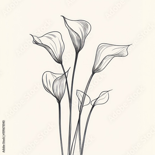 Wallpaper Mural Elegant Calla Lilies Line Drawing, White Background, Minimalist Art, Home Decor Torontodigital.ca