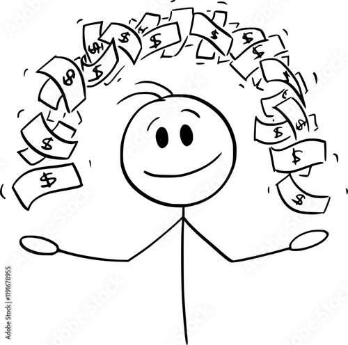 Businessman or person juggling with cash money or dollar bills, vector cartoon stick figure or character illustration.