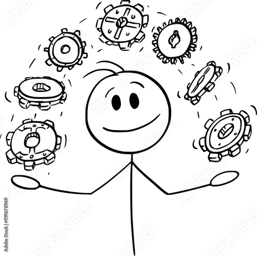 Person juggling with cog or gear wheels offering technical solution, vector cartoon stick figure or character illustration.