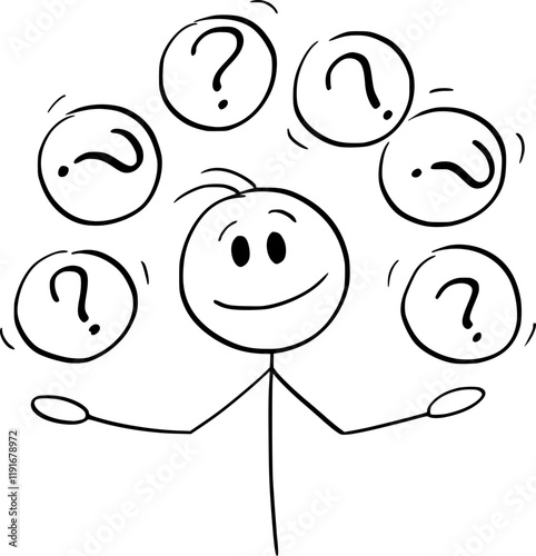 Person juggling with question marks showing problem that needs solution , vector cartoon stick figure or character illustration.