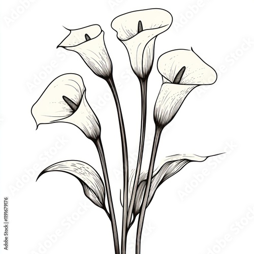 Wallpaper Mural Elegant Calla Lilies Bouquet, Line Art, White Background, Floral Design, Wedding Invitation Torontodigital.ca
