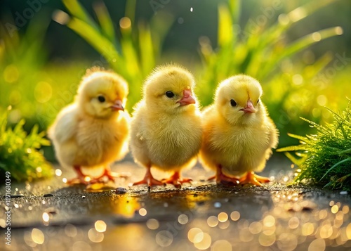 Tiny Yellow Chicks on Lush Green Grass - Macro Photography photo