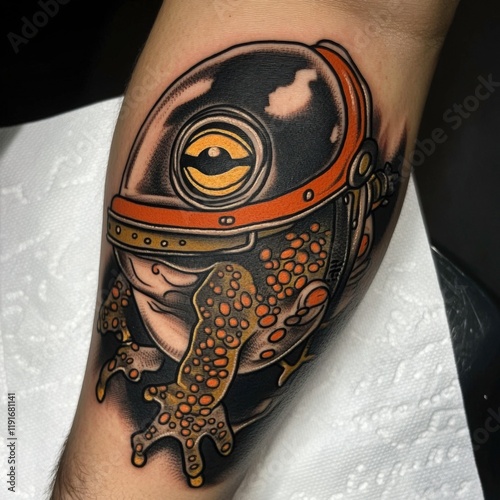 American Traditional Tattoo Design of a Toad Wearing a Classic Diving Helmet photo