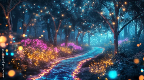 Magical glowing river path through enchanted forest at night.