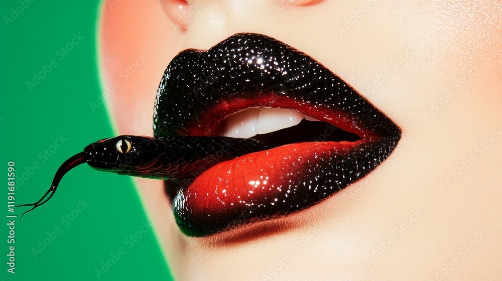 Obraz premium closeup of a model's face with a snake's tongue flicking near her lips, depicting the struggle of fear and temptation.