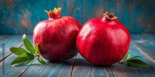 Two Red Pomegranates with Leaf on Table - Vibrant Autumn Fruit Still Life Photography photo