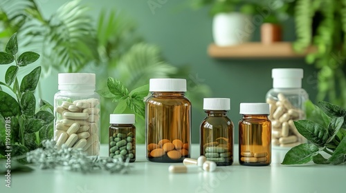 Herbal Supplement Pills and Capsules in Bottles with Green Plants on Table, Health and Wellness