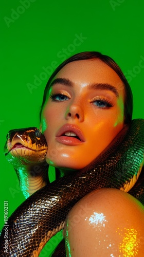 close-up of a woman with snake in a blend of her hair. Symbol of safety, healing and immortality.