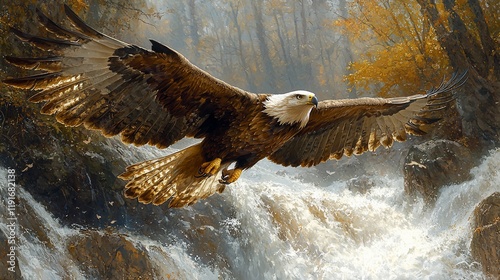 Majestic bald eagle in flight over autumn waterfall.