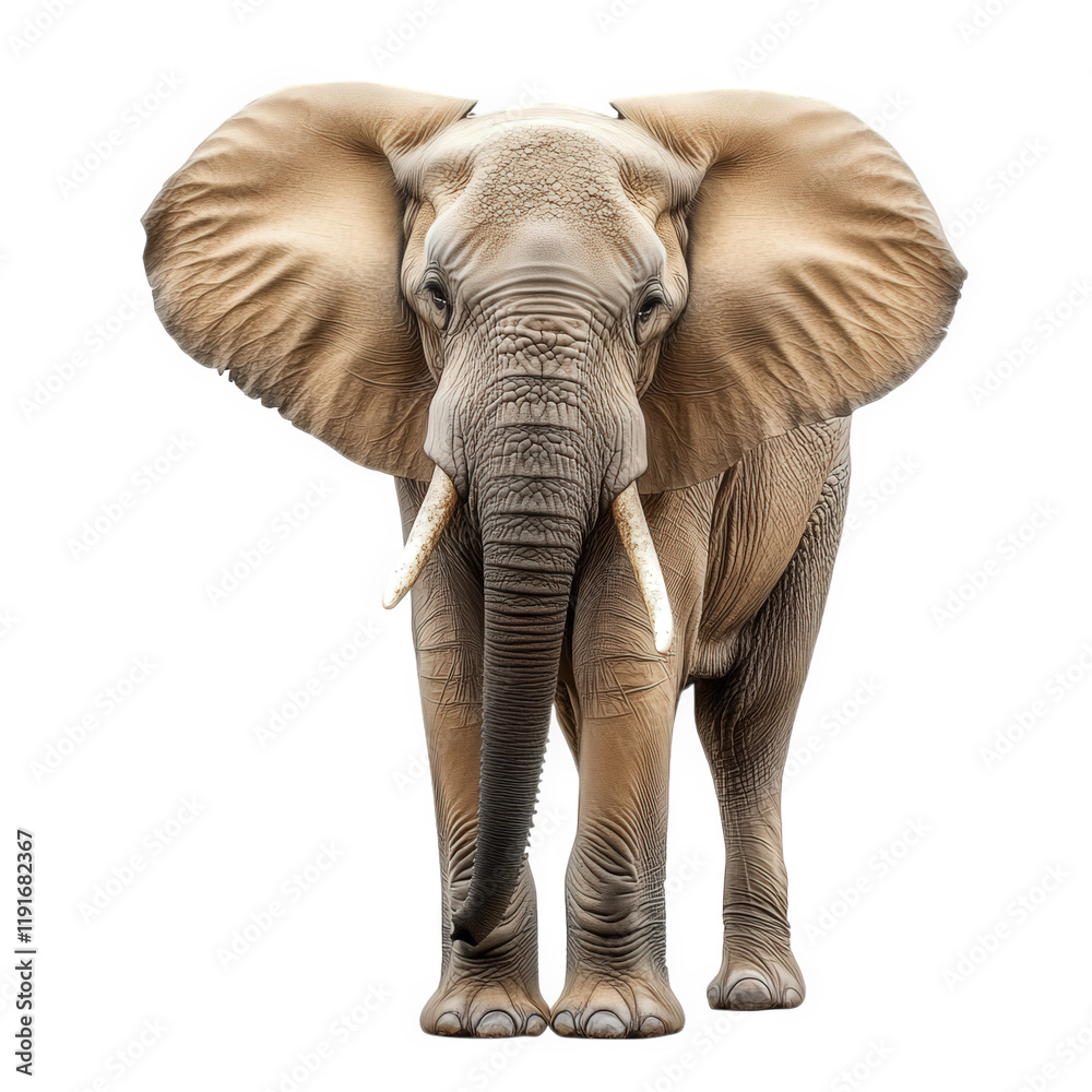 Obraz premium a realistic depiction of an elephant standing upright. showcasing its large ears. tusks. and textured skin against a plain white background grandeur and beauty of elephants. making it suitable for ed