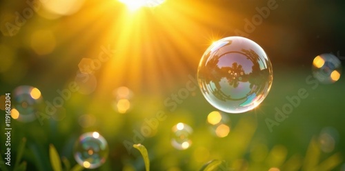 Golden sunlight illuminates iridescent soap bubbles floating on summer breeze , background, warm