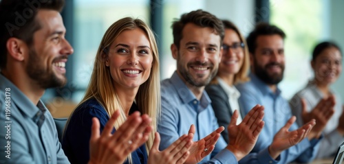 Diverse business team applauds enthusiastically in meeting. Team members show support, excitement during presentation discussion. Successful collaboration evident in happy expressions, positive