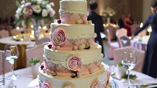 A large, multi-tiered wedding cake with pink frosting and berries, elegantly displayed on a silver stand at the reception.