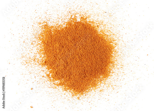 Mexican taco seasoning pile scattered, isolated on white, top view