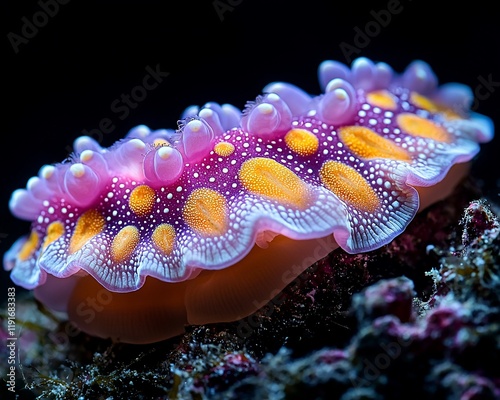 Vibrant pink and orange nudibranch on dark background.