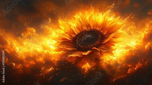 Fiery sunflower in a blazing inferno.