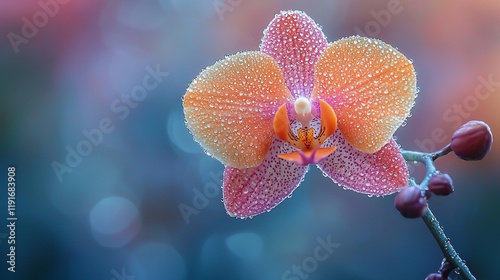 Dew-kissed orange and pink orchid blossom.