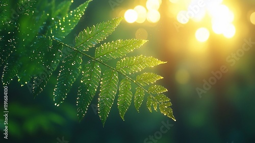 Dew-kissed fern frond backlit by warm sunlight.