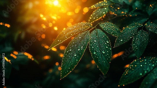 Dew drops on lush green leaves at sunset. (1)