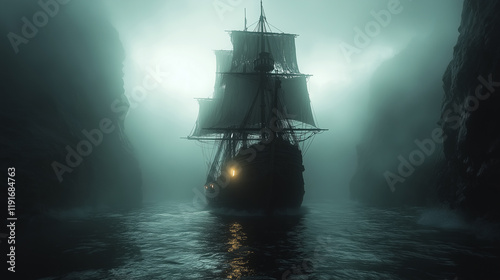 Mysterious ship navigates through fog-covered canyon at dawn, illuminating the dark waters with its lantern