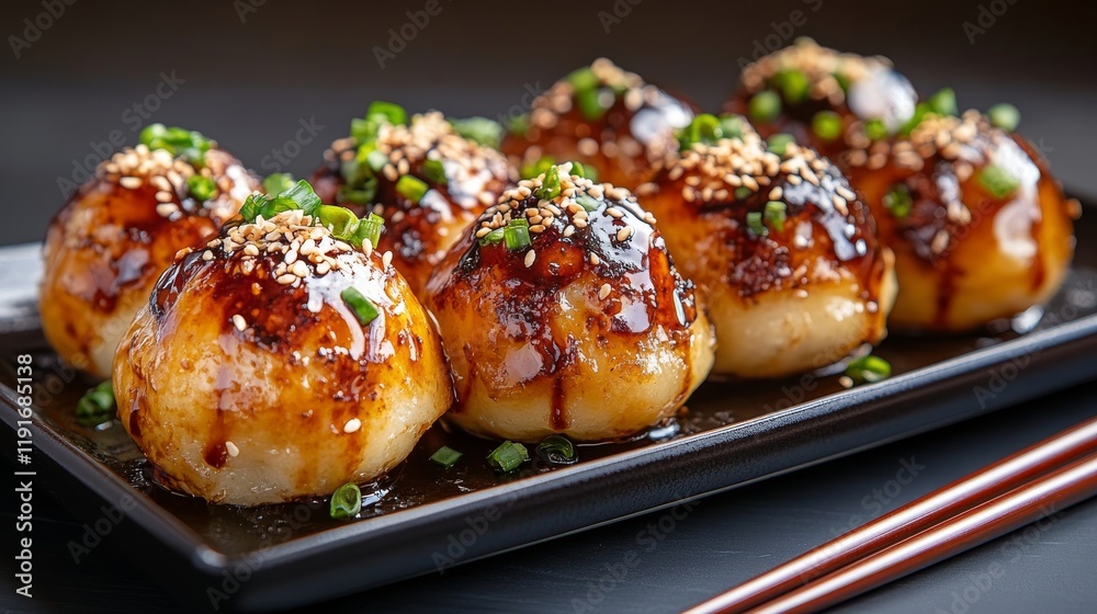 A golden brown takoyaki ball is served on a dark ceramic plate, topped with spicy sauce, creamy Japanese mayonnaise, and generously sprinkled with bonito flakes. Chopsticks are placed neatly beside th A golden brown takoyaki ball is served on a dark ceramic plate, topped with spicy sauce, creamy Japanese mayonnaise, and generously sprinkled with bonito flakes. Chopsticks are placed neatly beside th